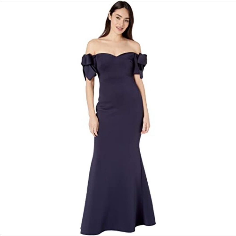 Badgley Mischka Bow Sleeve Off Shoulder Gown Womens 14 Navy Blue NEW NWT